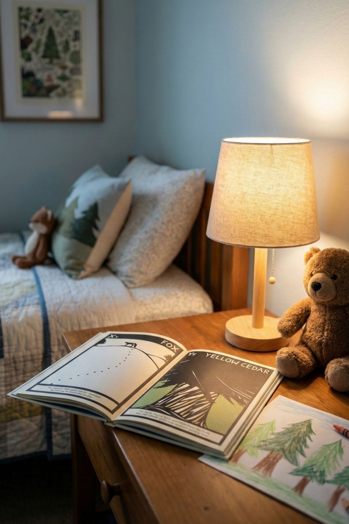 Children's room with a lamp, teddy bear, and open book on a table.