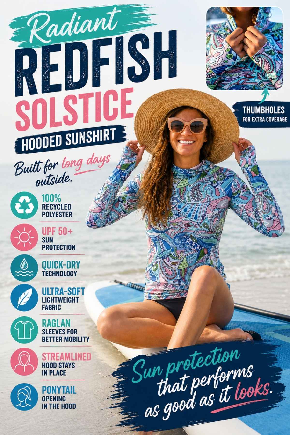 A woman wearing a hooded long-sleeve sunshirt sits on a surfboard at the beach, holding a straw hat. The image is a promotional graphic for the 'Radiant Redfish Solstice' hoodie, showing product features, fabric benefits, and a close-up of the thumbhole detail.