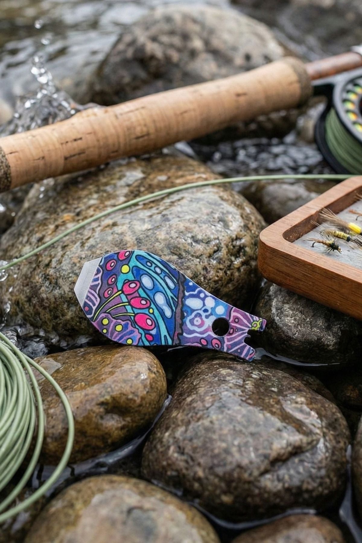 Fishing rod with colorful fly fishing lure on rocks by a stream