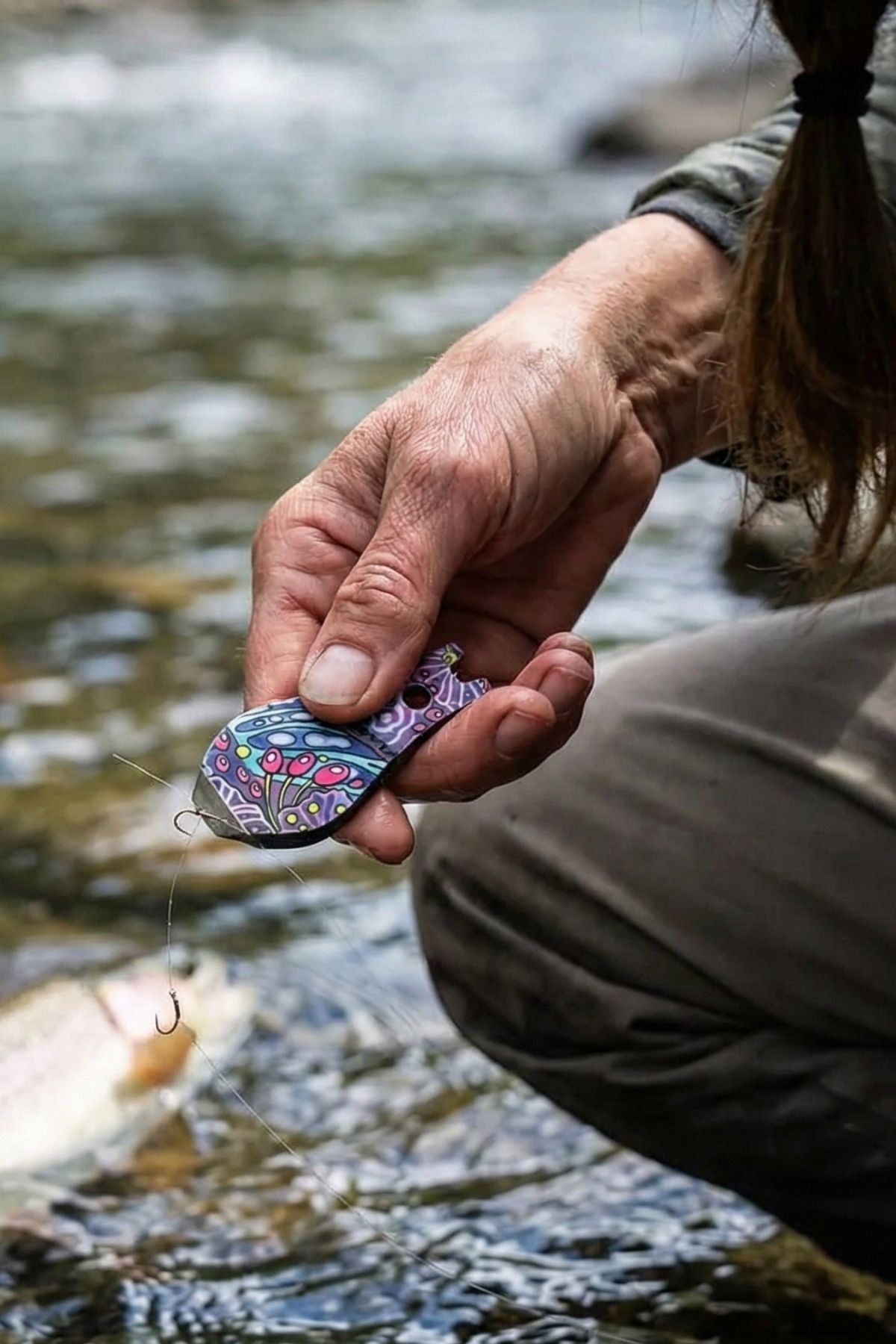 Person holding a colorful fishing lure by a stream