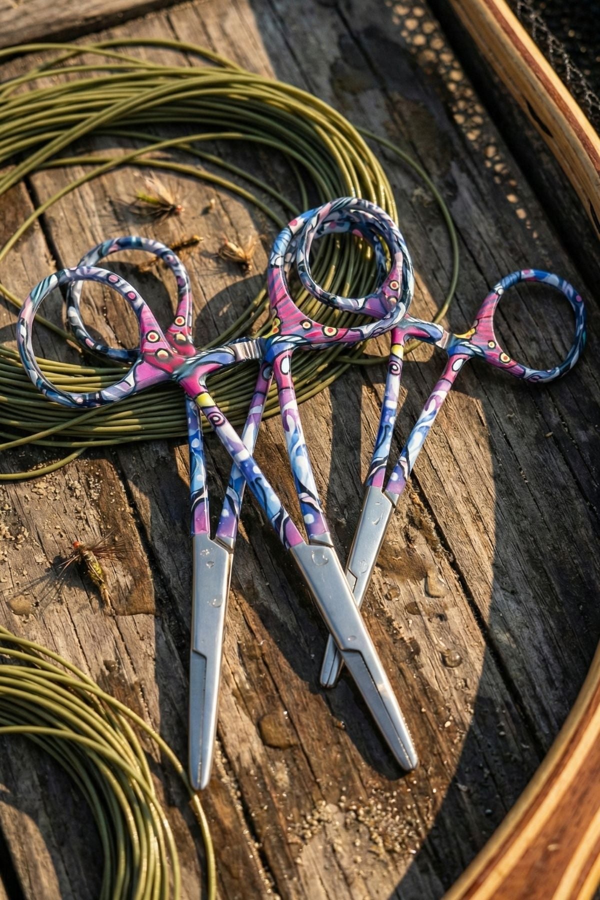 Pair of scissors with colorful handles on a wooden surface with fishing line.