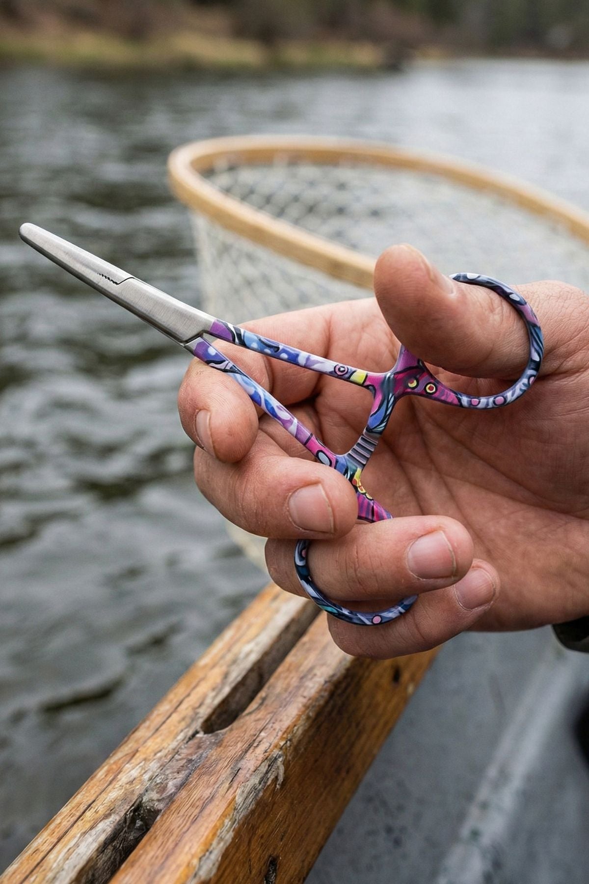 Hand holding a pair of scissors with colorful handles by a body of water.