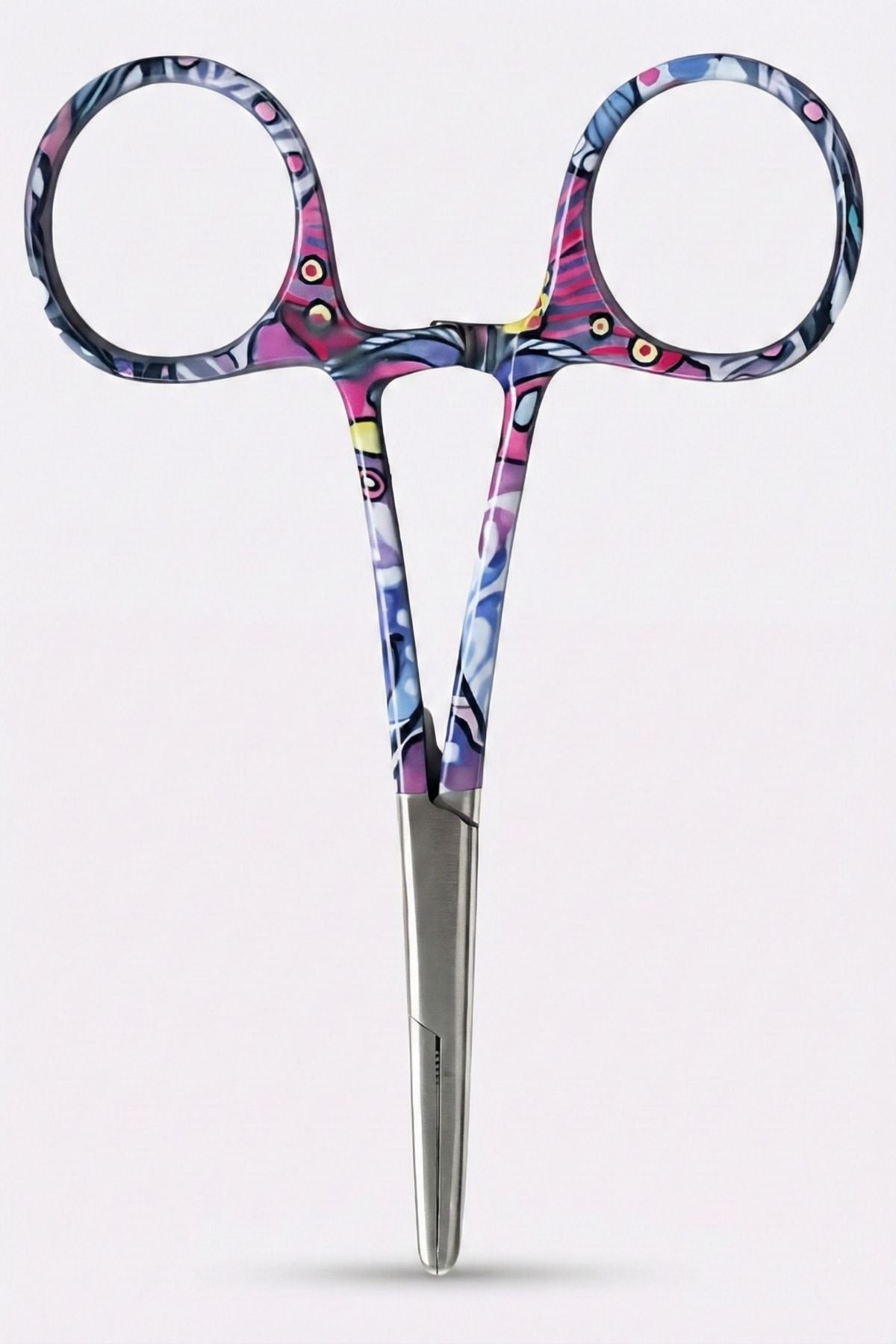 Colorful scissors with a patterned handle on a white background