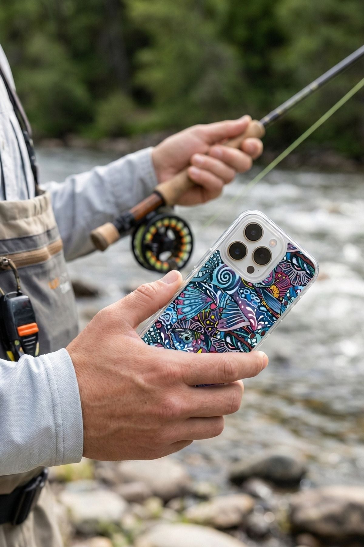 Person holding a phone with a colorful case by a river