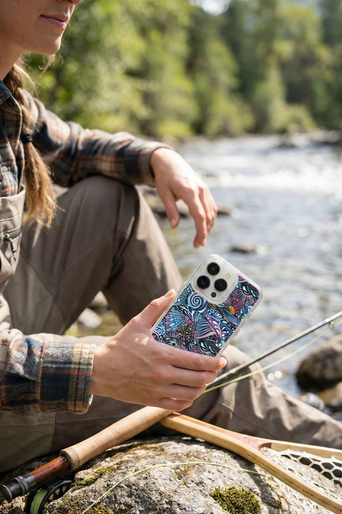 Person holding a phone with a colorful case by a river