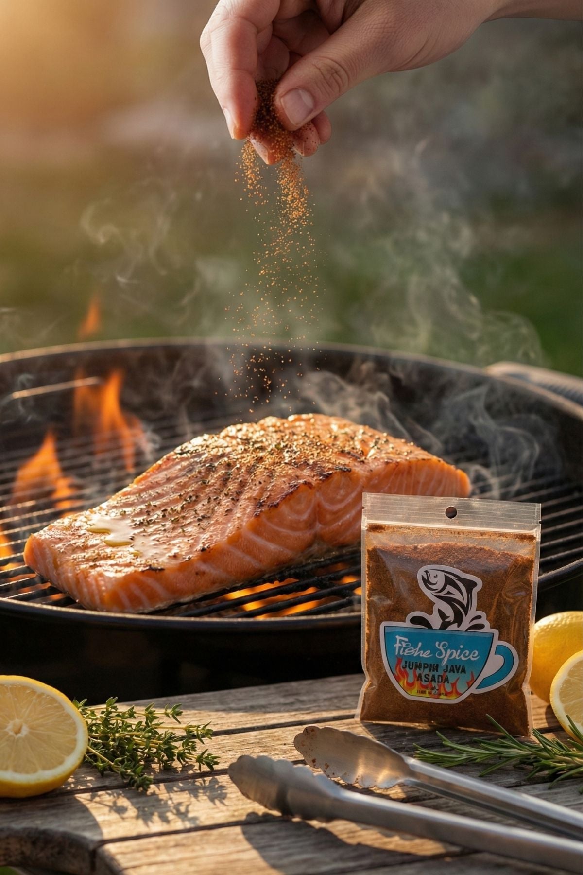 Person seasoning salmon on a grill with a packet of fish spice.