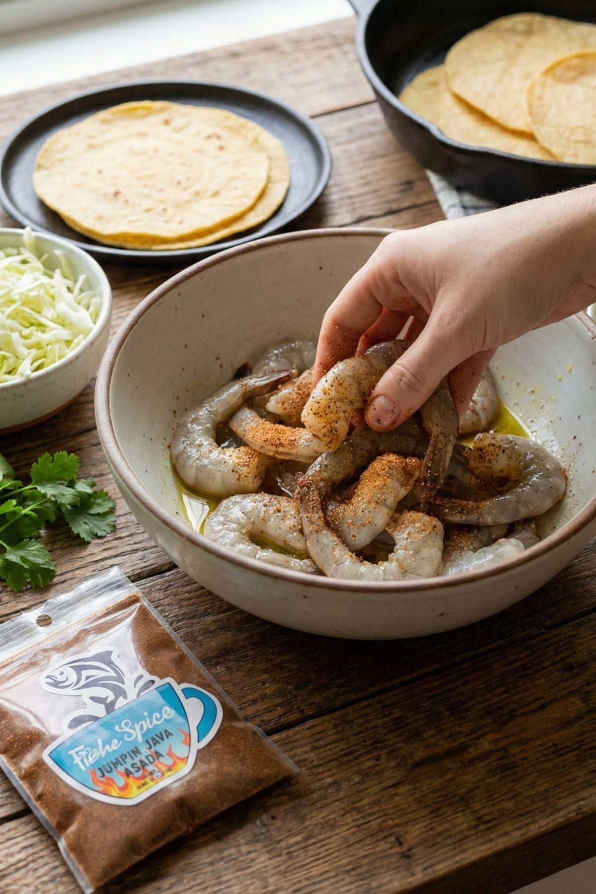 Person preparing shrimp in a bowl on a wooden table with tortillas and a spice packet.