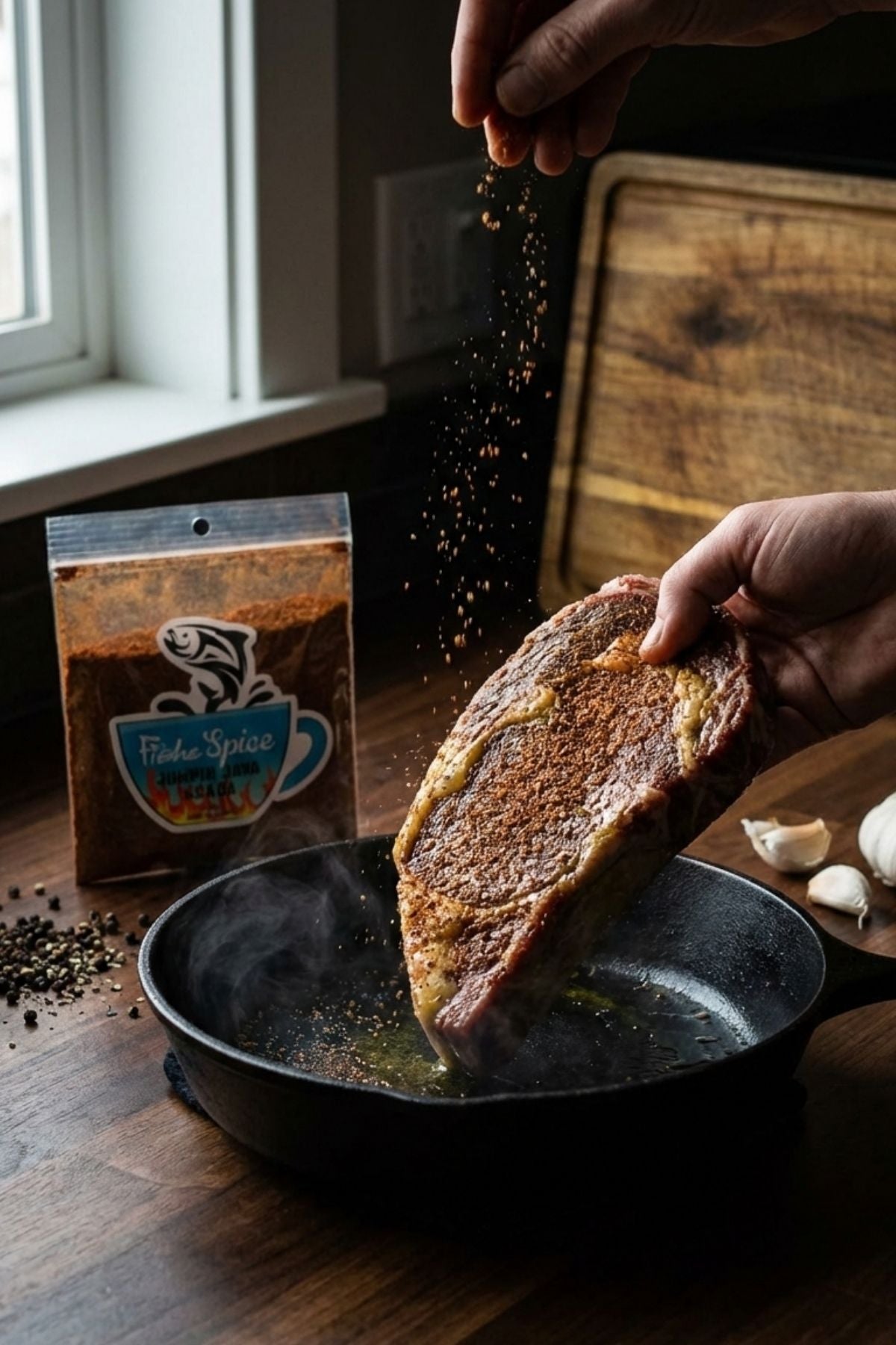 Person seasoning a steak with spices on a wooden cutting board.