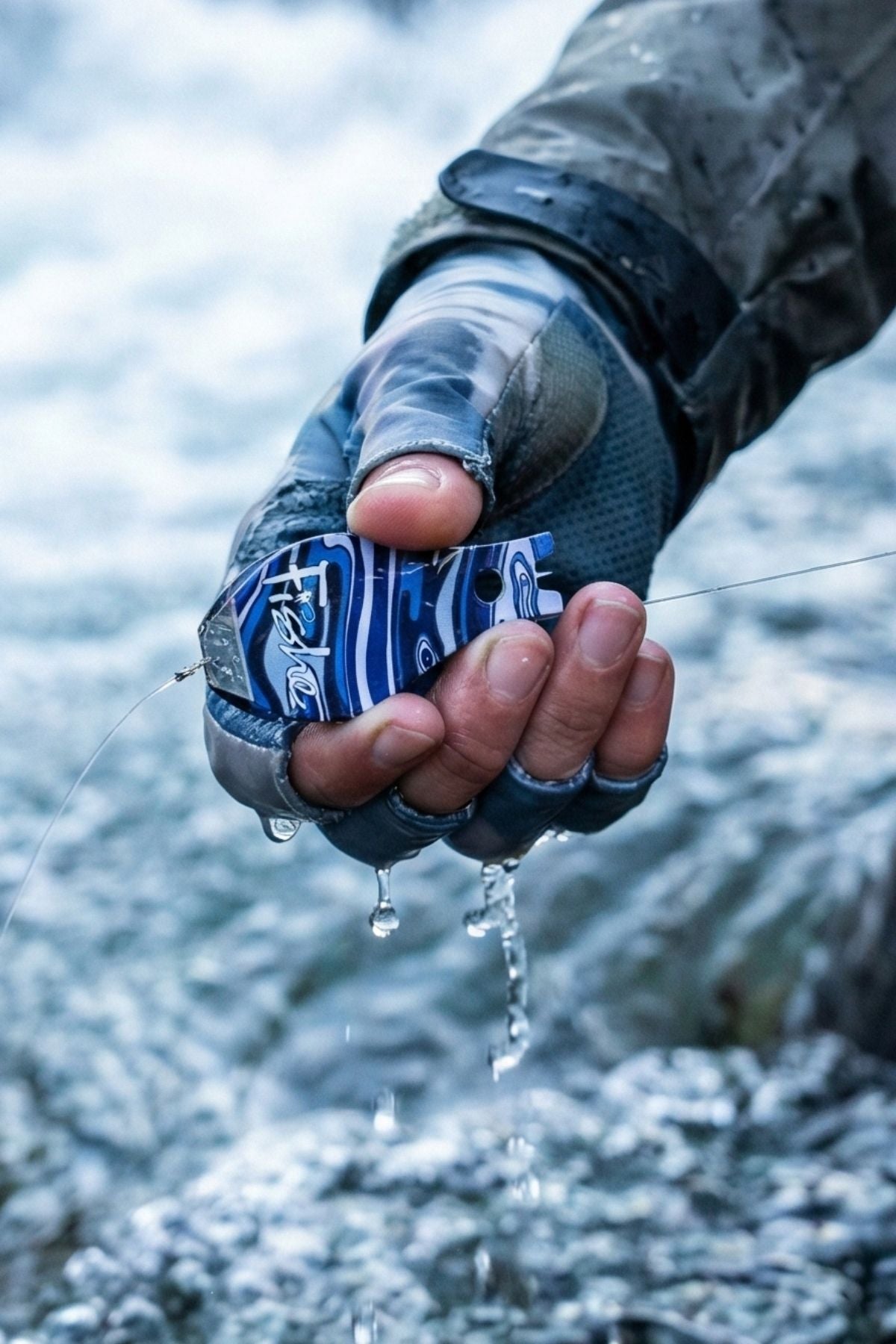 Hand wearing a fishing glove holding a small fish with water droplets, blurred natural background