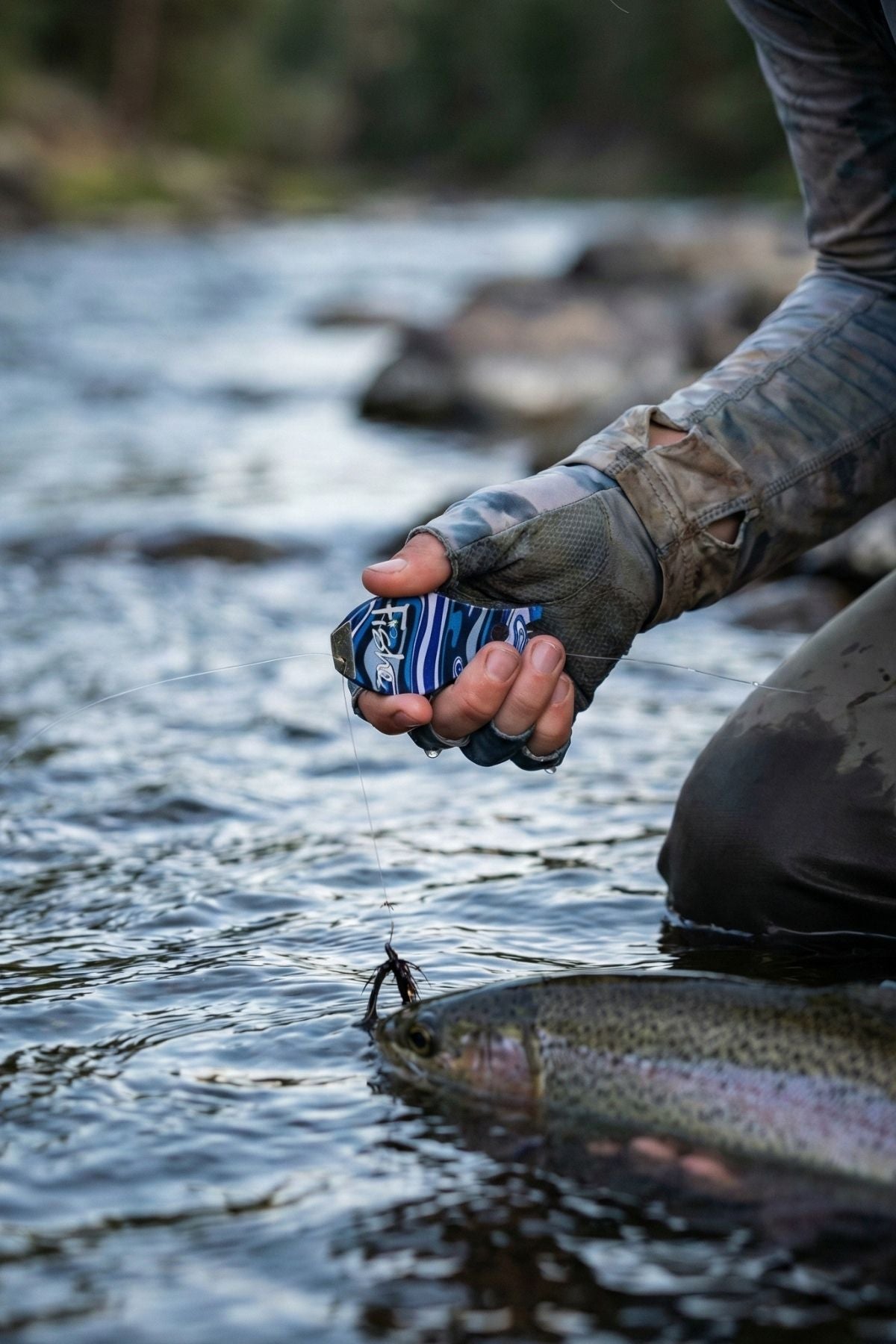 Person holding a small object over a fish in a river