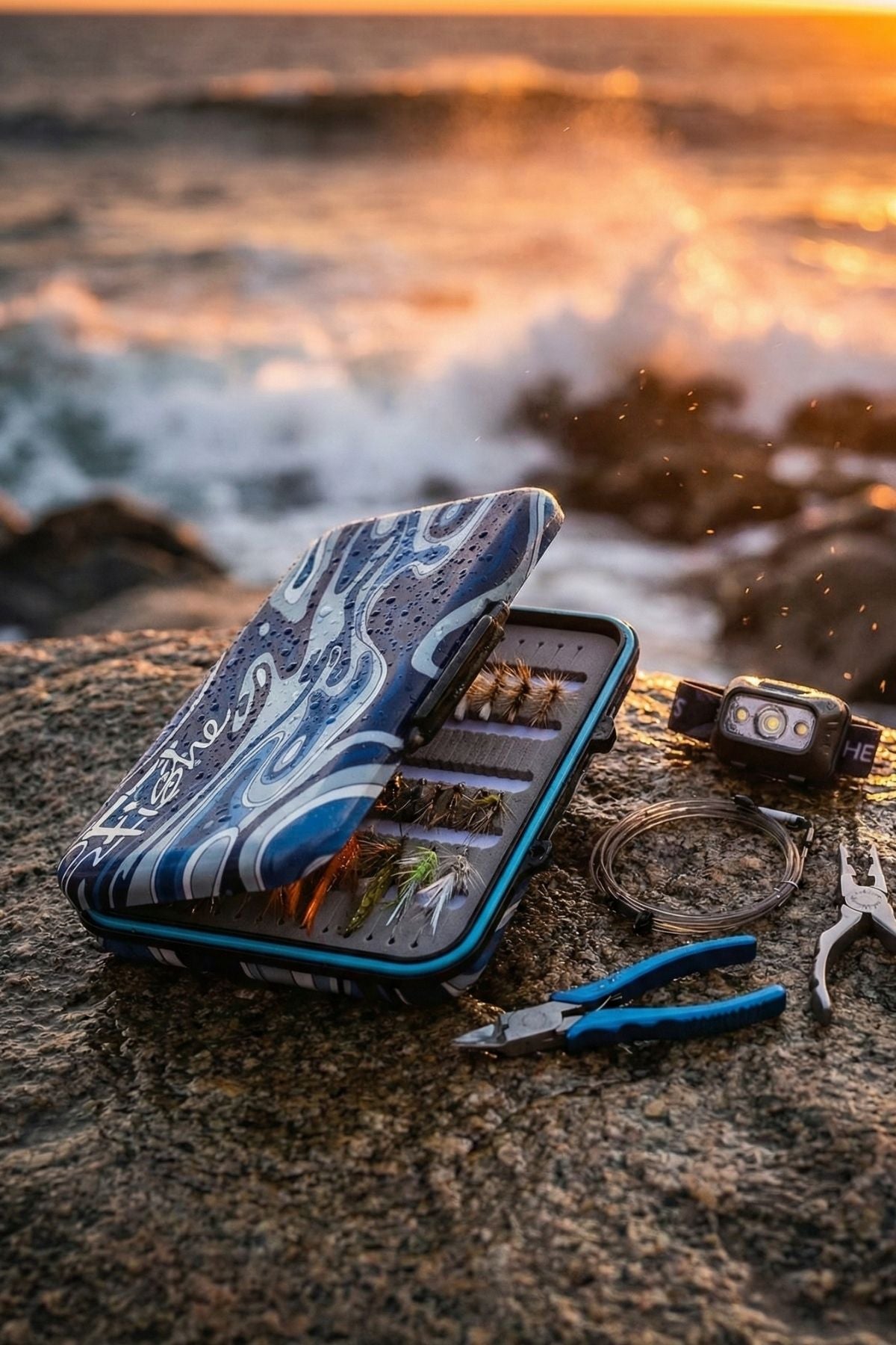Fishing tackle box with tools on a rocky shore with ocean waves in the background