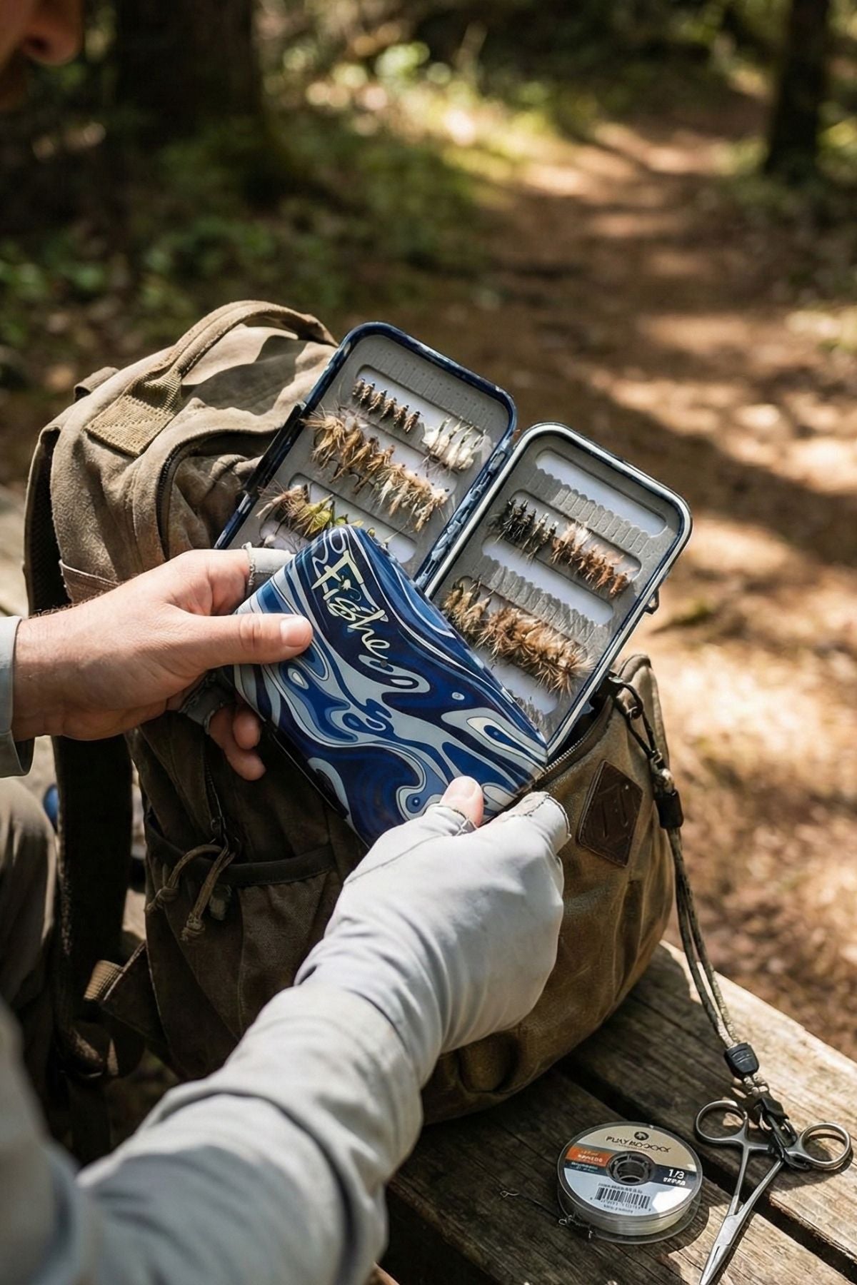 Fishing fly box with flies held by a person outdoors