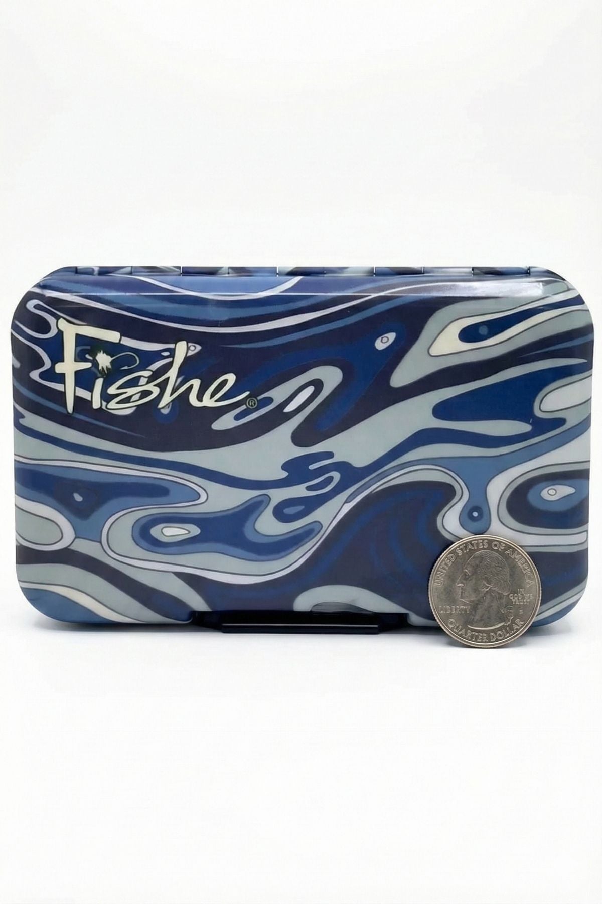 Blue and gray marbled wallet with 'Fishe' branding on a white background
