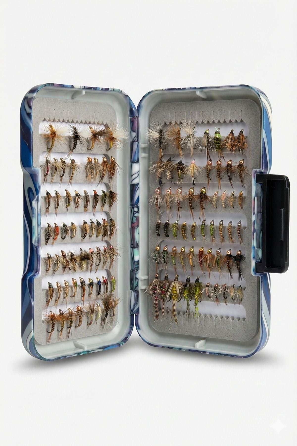 Open fly fishing lure case with various lures on a white background