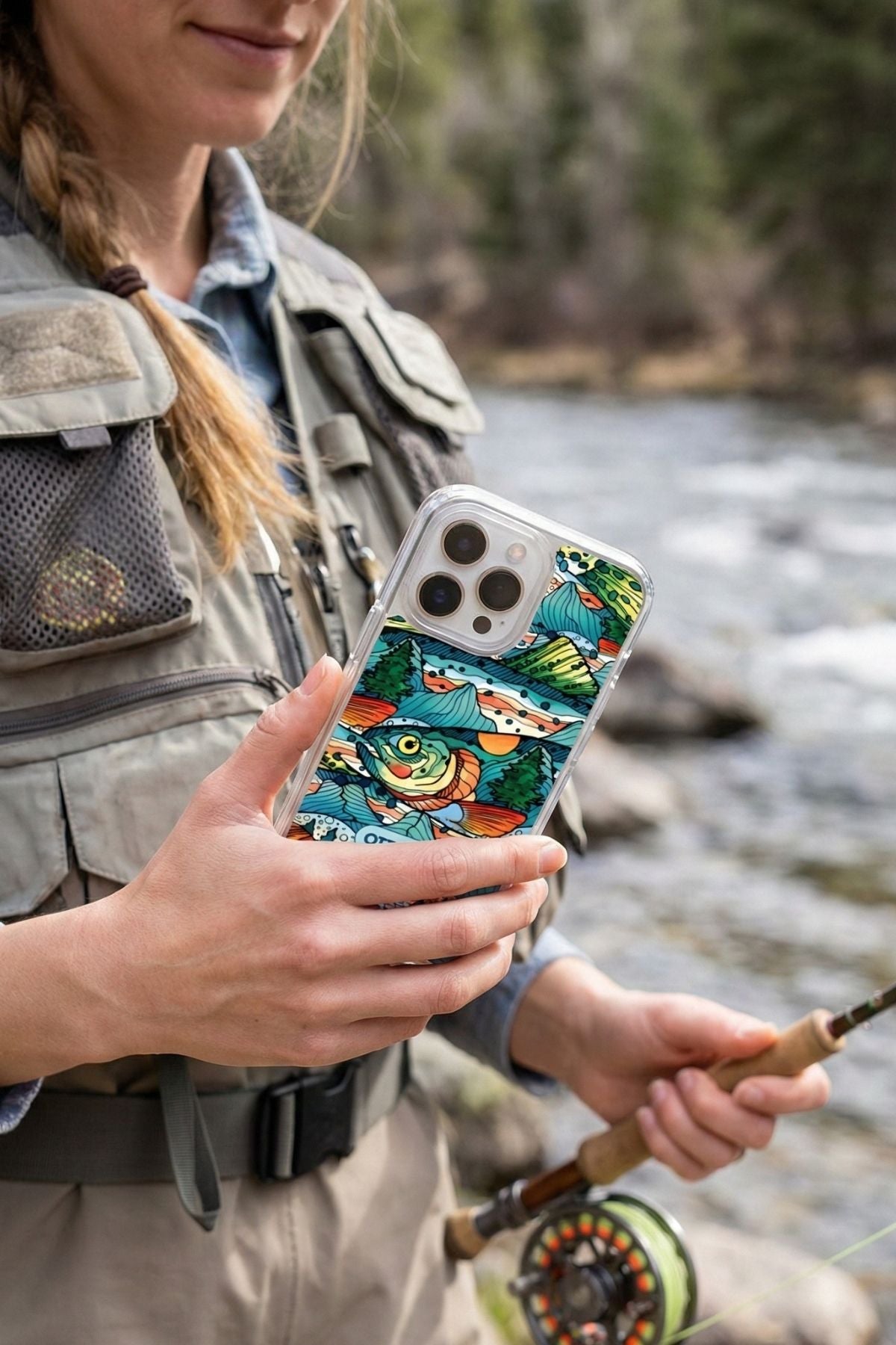 Person holding a phone with a colorful case by a river