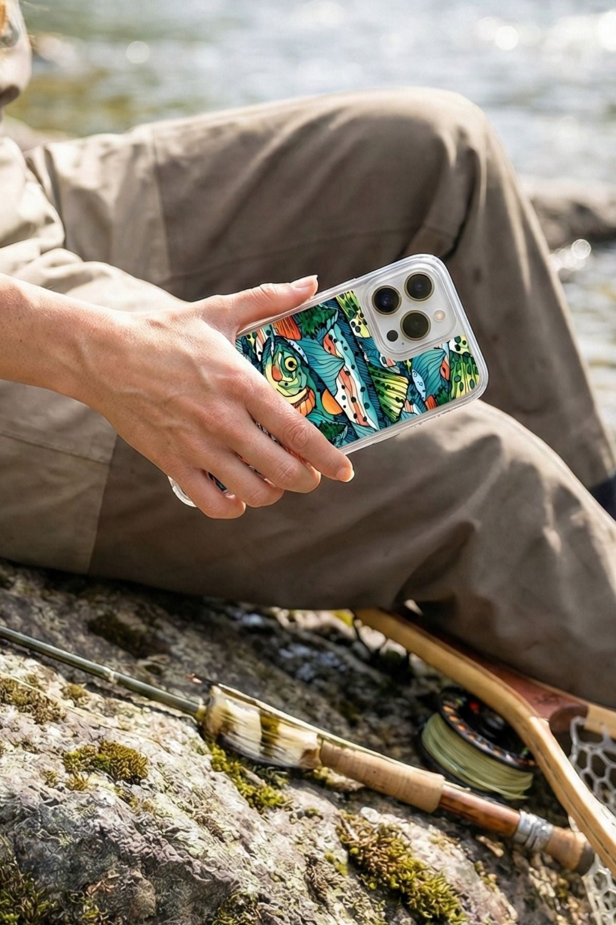 Person holding a phone with a colorful case by a body of water