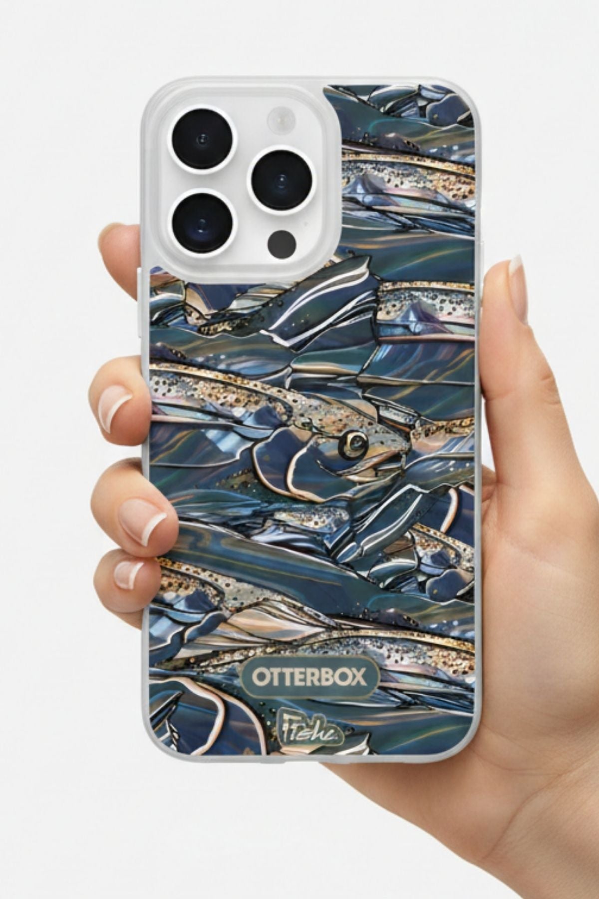 Phone case with fish pattern held by a hand, featuring OtterBox branding.