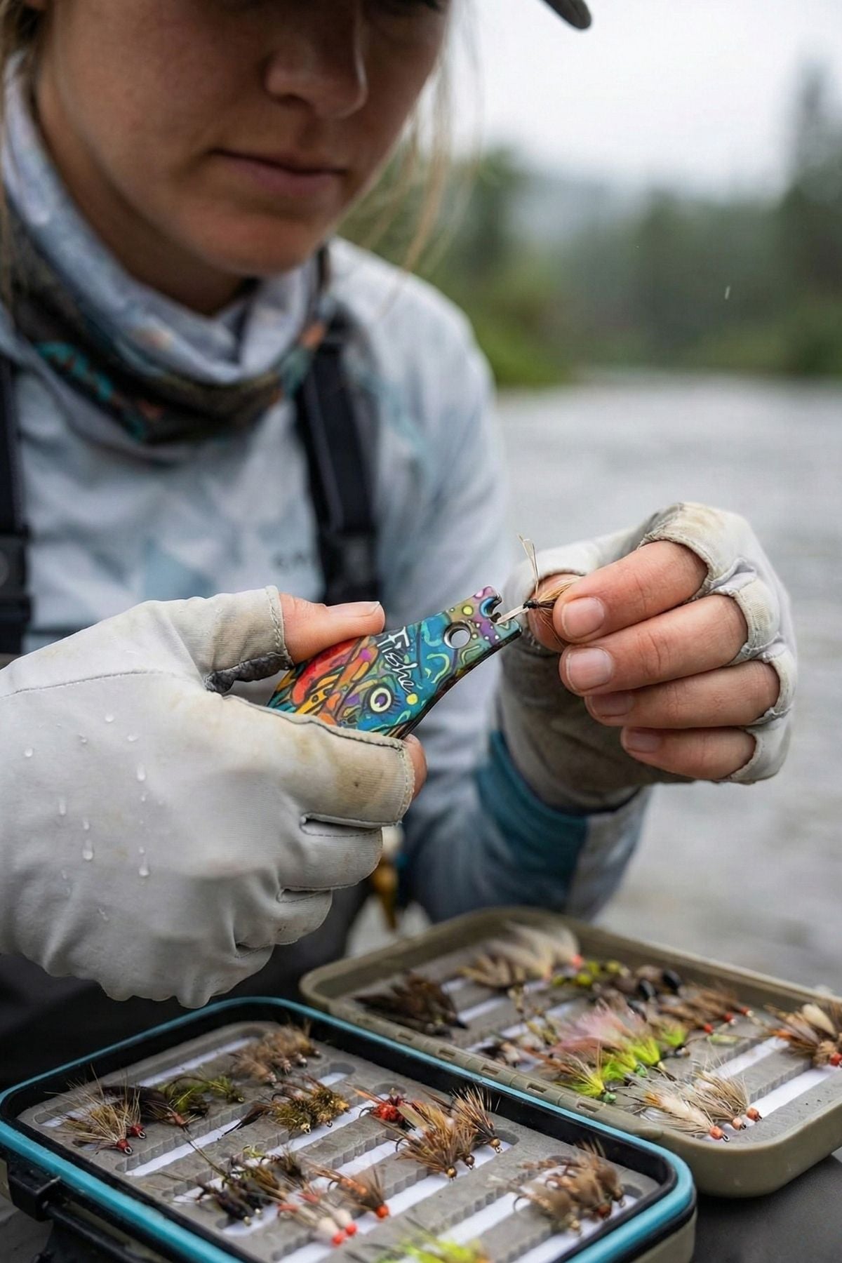 Person preparing fly fishing lures with a river background