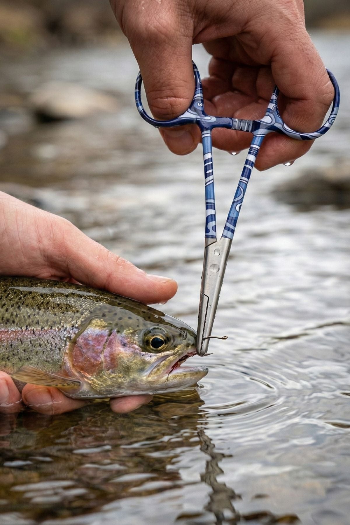 Person holding a fish with scissors over a body of water