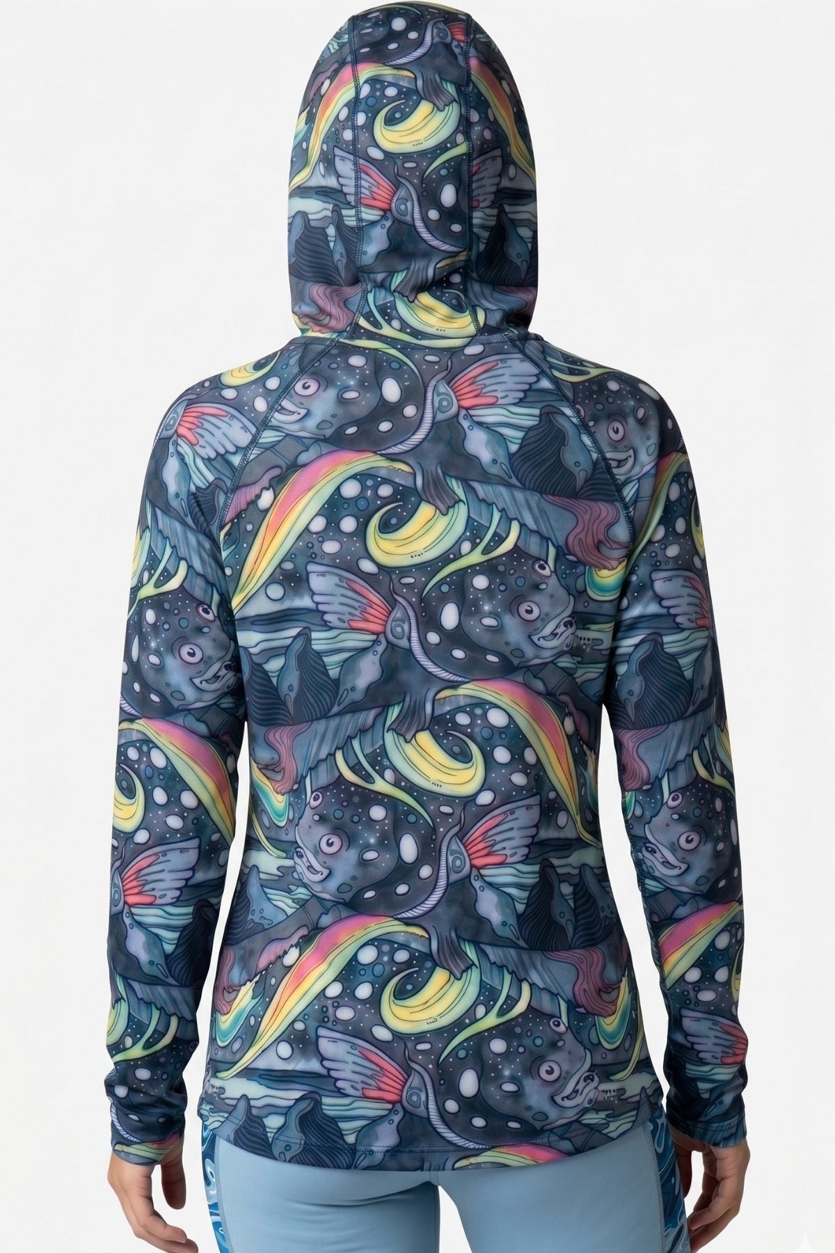 Colorful fish patterned hoodie on a white background