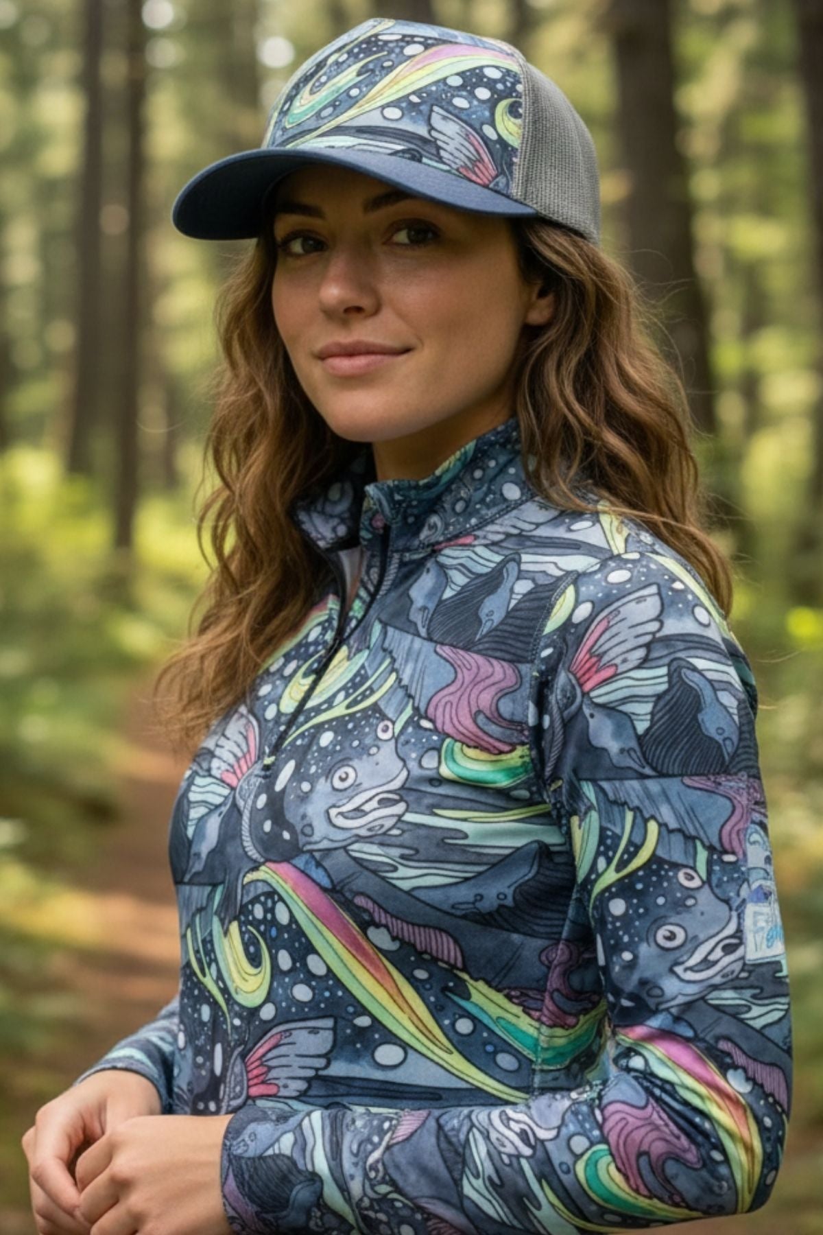 Woman wearing a colorful patterned jacket and cap in a forest setting