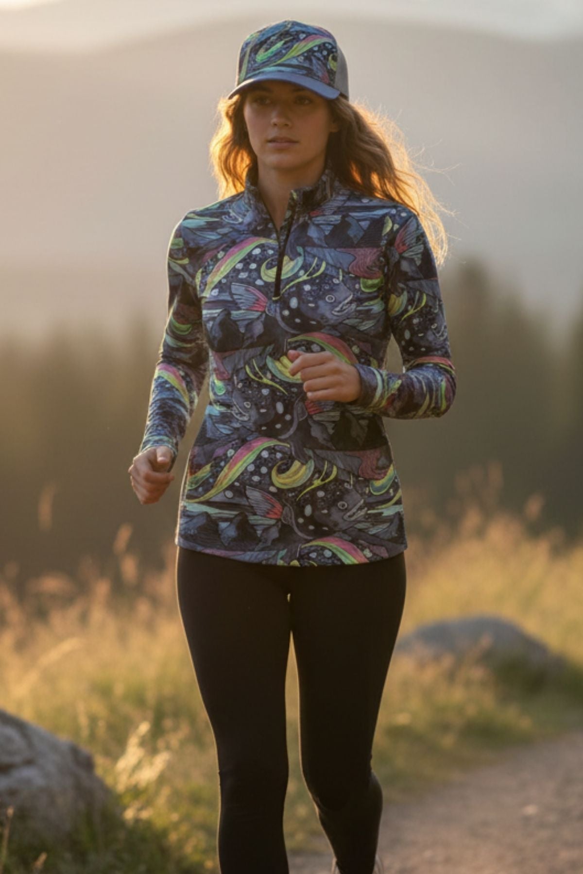 Woman in a colorful patterned jacket and cap standing outdoors with a natural background