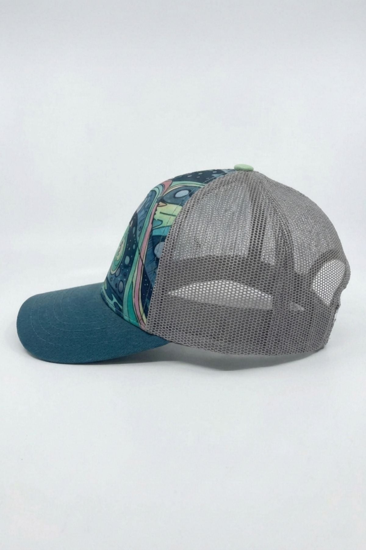 Two baseball caps, one blue and one gray with mesh back, on a white background