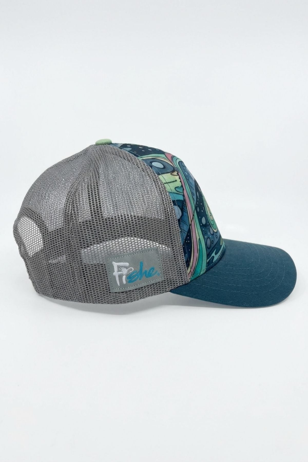 Gray and blue cap with mesh design on a white background