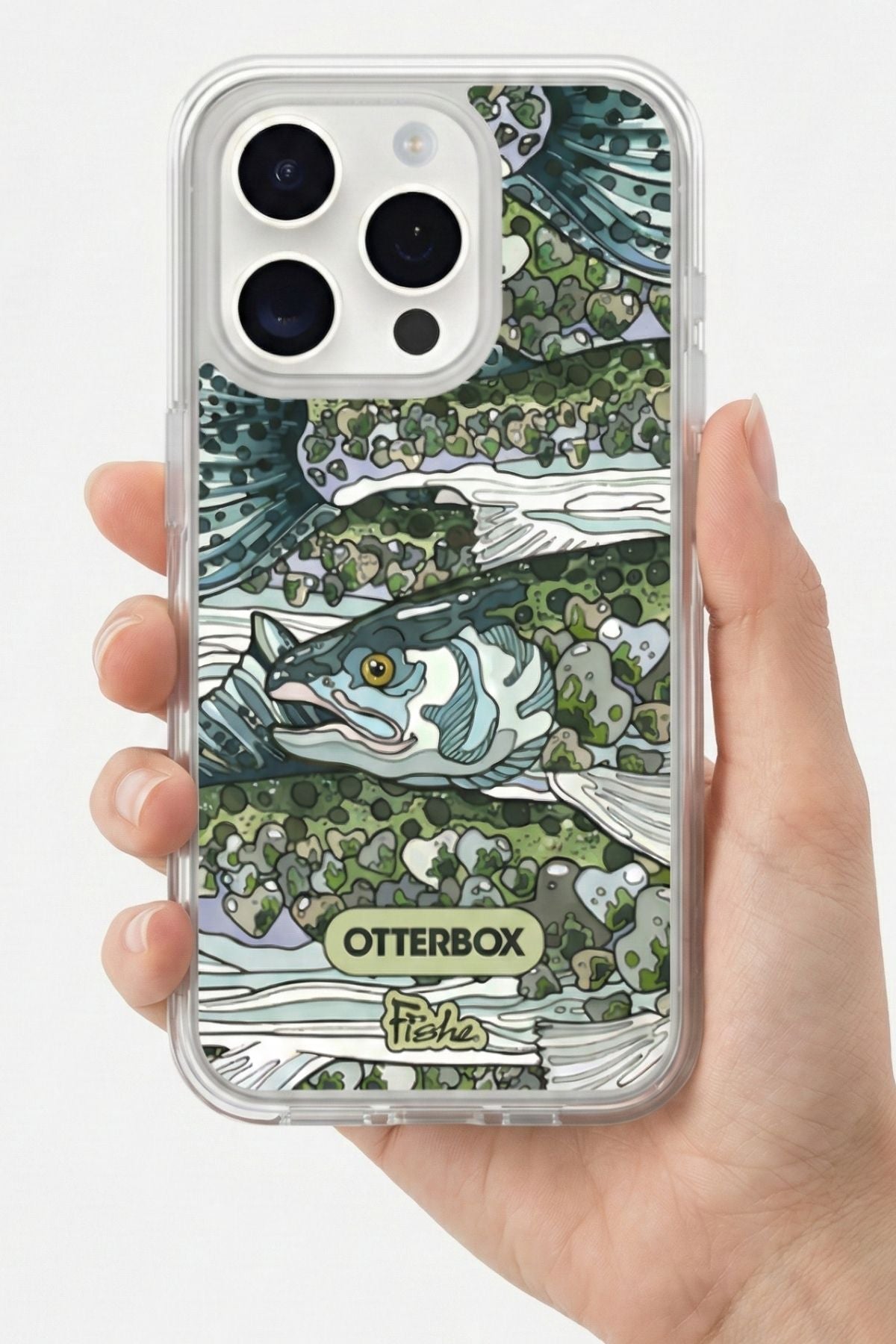 Phone case with fish design held by a hand, featuring OtterBox branding.