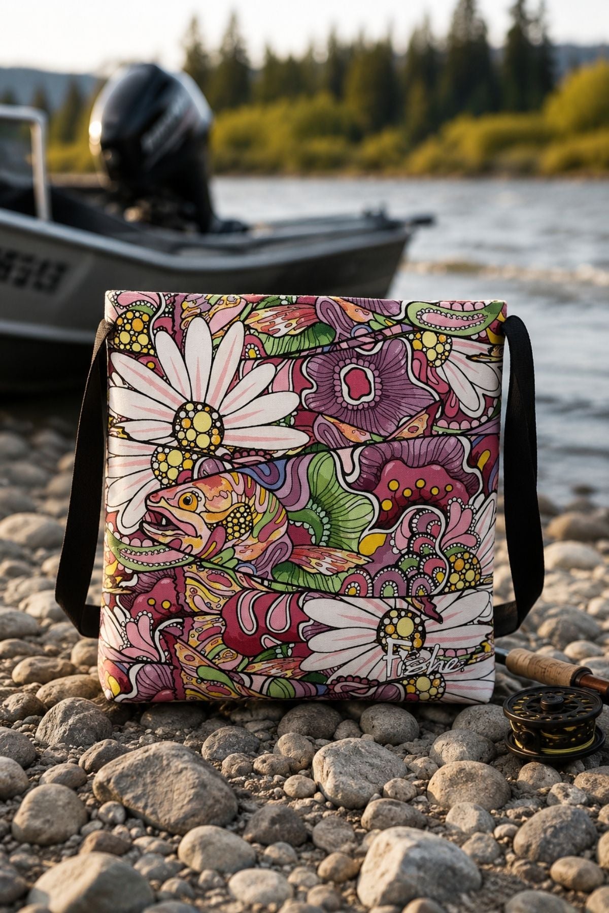 Colorful patterned bag on a rocky surface near a body of water with a boat in the background.