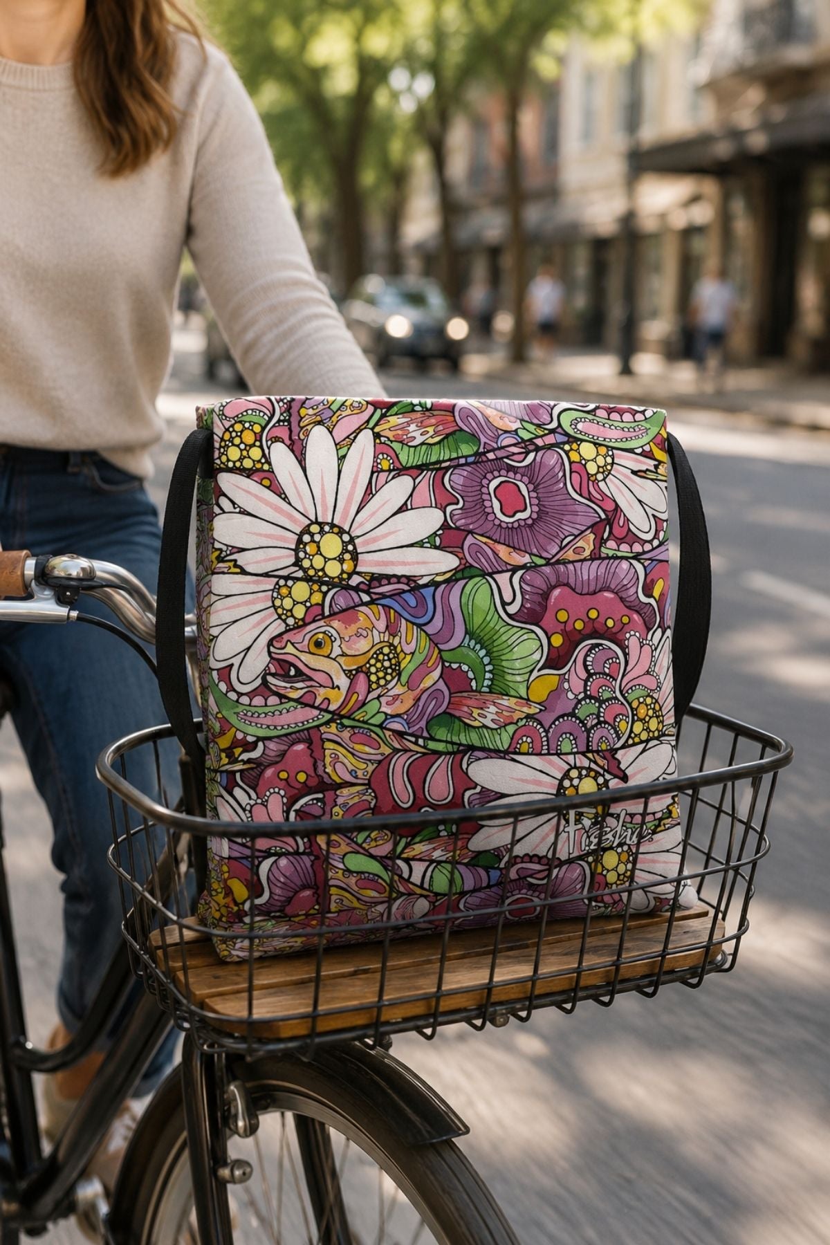 Colorful floral-patterned bag on a bicycle basket with a blurred street background