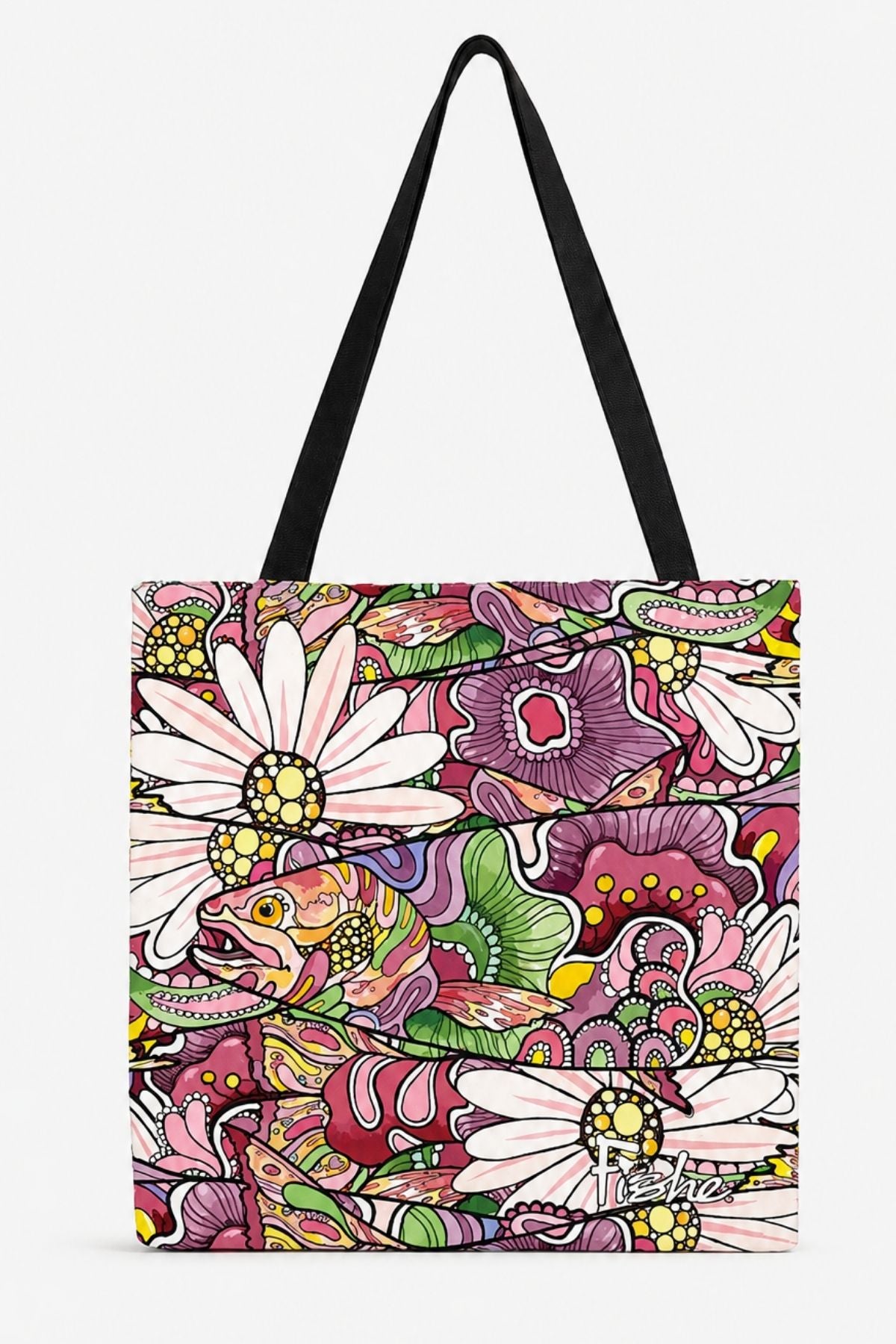 Colorful tote bag with floral and abstract design on a white background