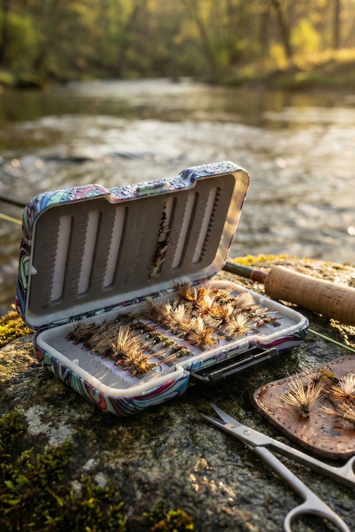 Open fly fishing lure case with lures on a rock by a river