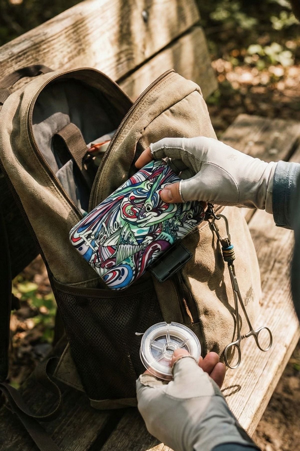 Person organizing items in a backpack with a colorful pouch and a small container on a wooden surface outdoors.