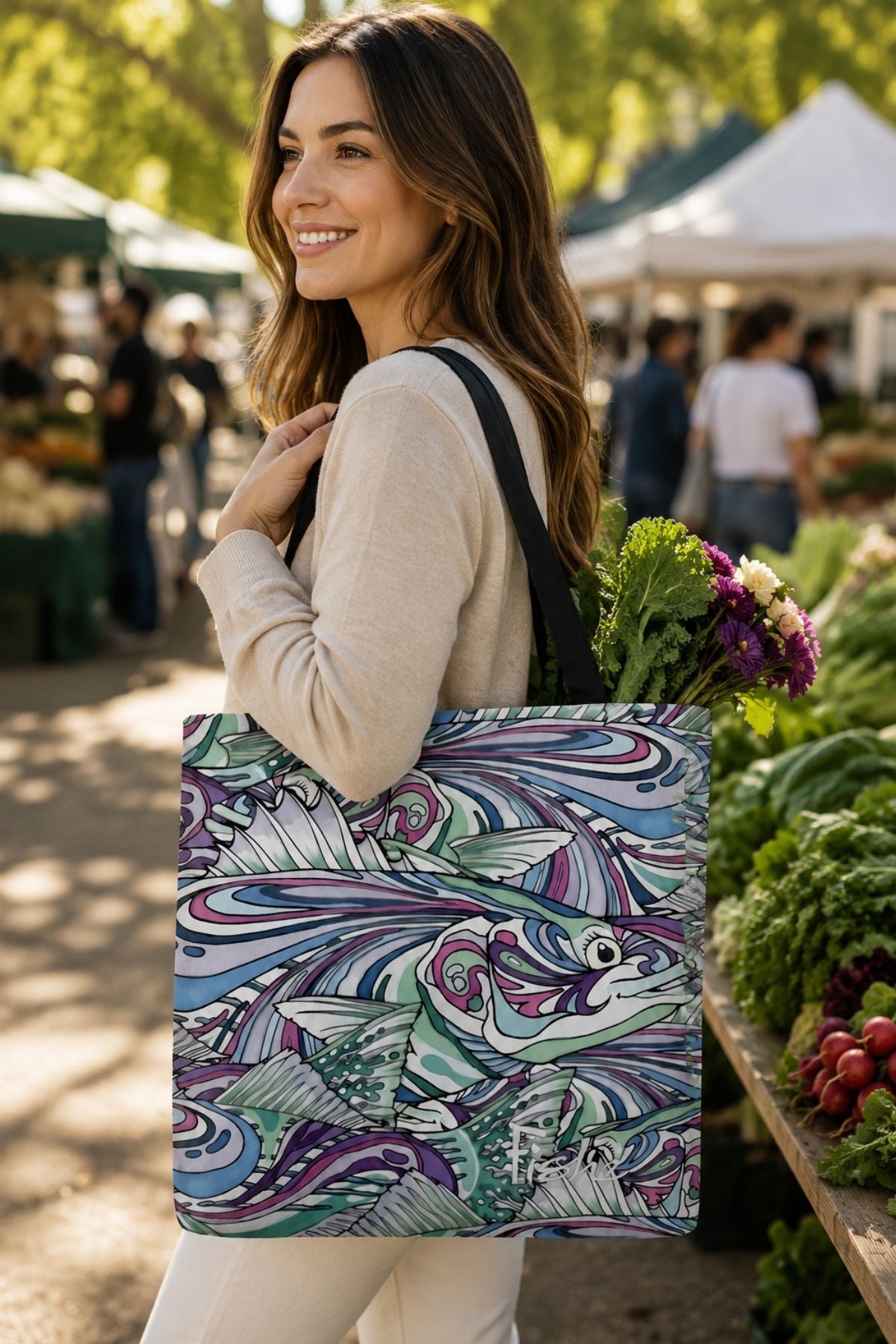 Woman with a colorful tote bag at an outdoor market