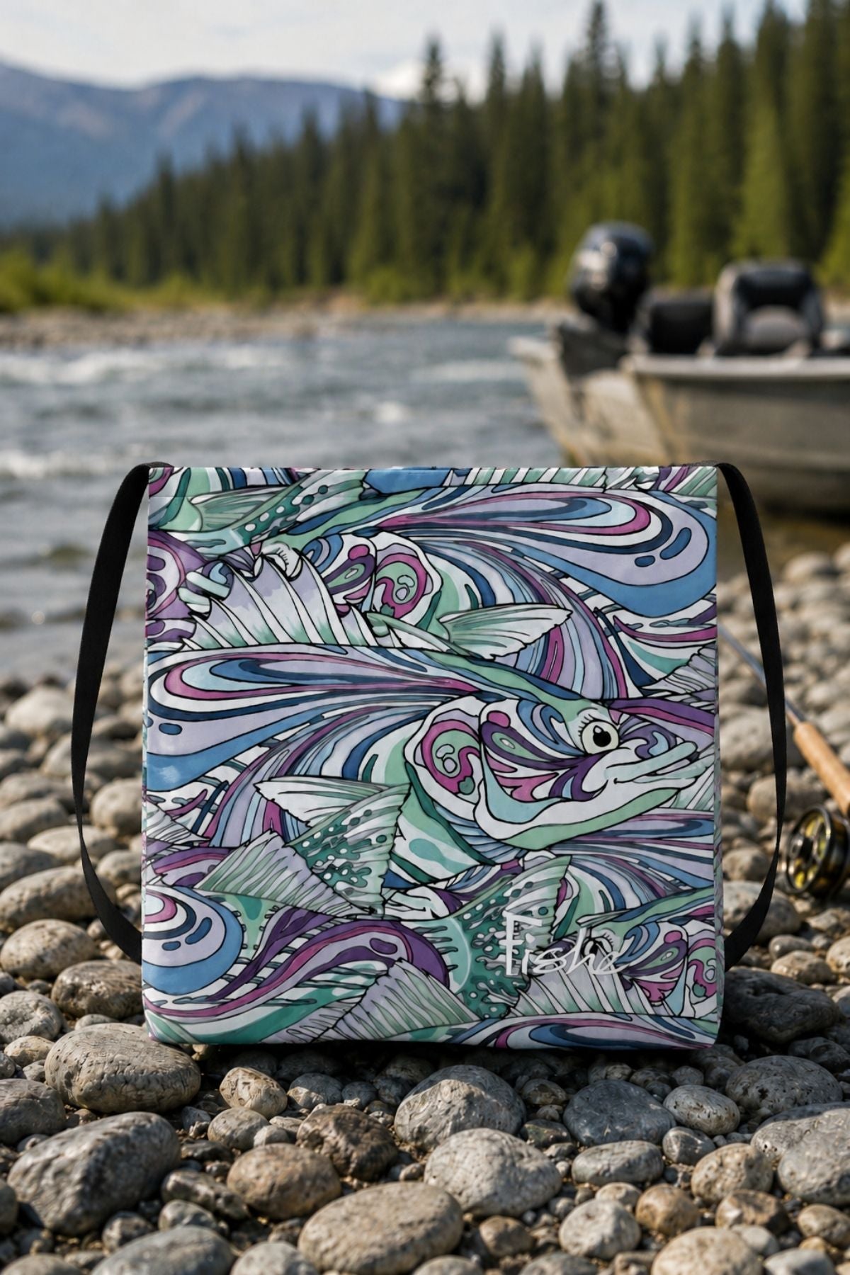 Colorful fish-patterned bag on rocks by a river with trees and mountains in the background