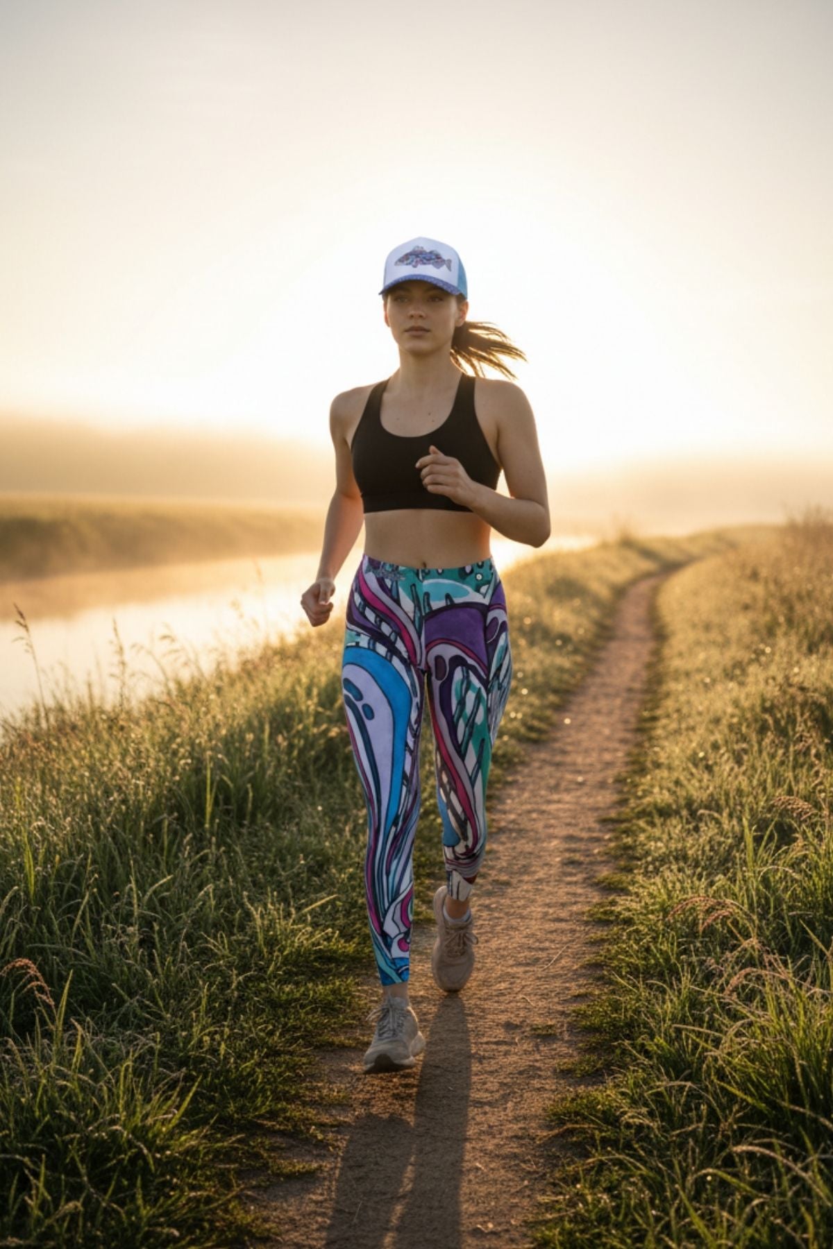 Woman running on a path near a body of water at sunset