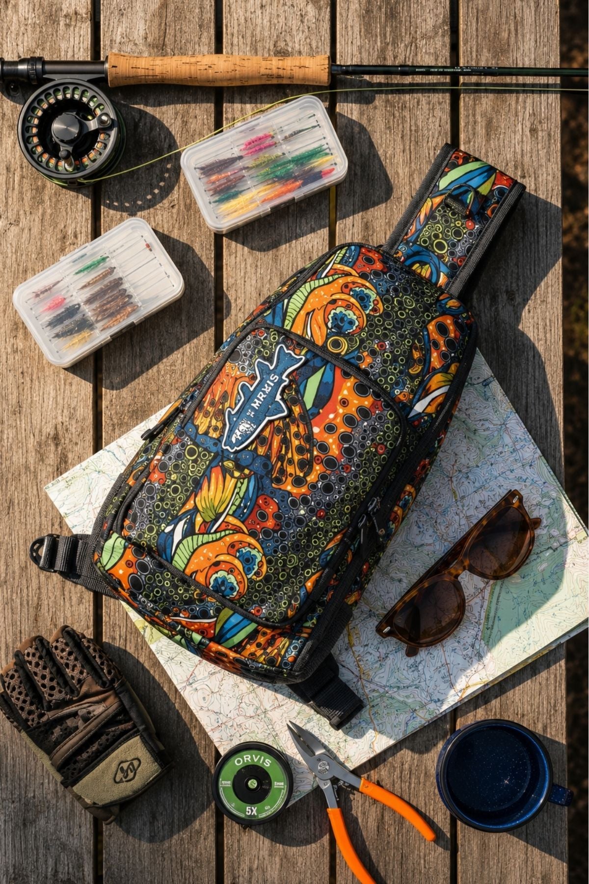 Colorful patterned bag on a wooden surface with fishing gear and accessories.