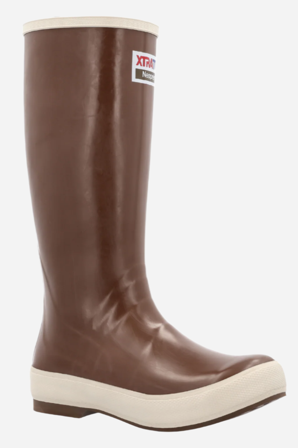 Brown rubber boot with white sole on a white background