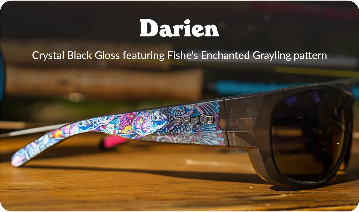 Bajío Darien sunglasses with Fishe Enchanted Grayling artwork