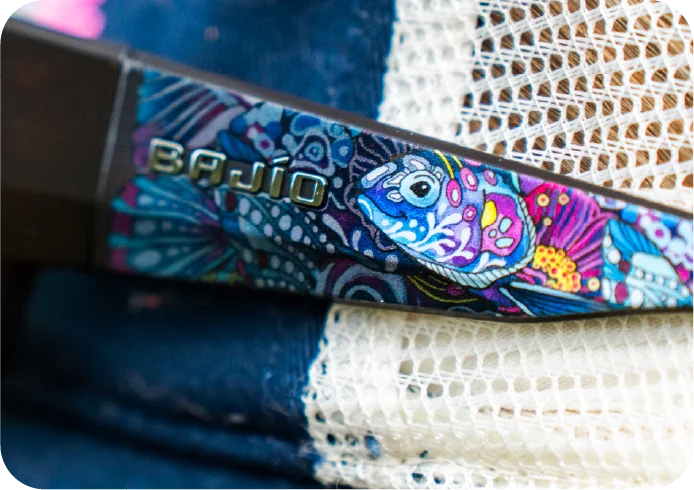 Detail of Fishe Enchanted Grayling artwork on Darien sunglasses