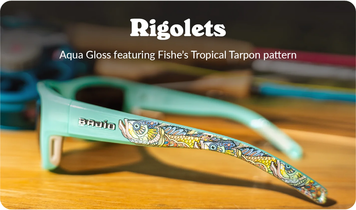 Aqua Bajío Rigolets sunglasses with Fishe Tropical Tarpon artwork