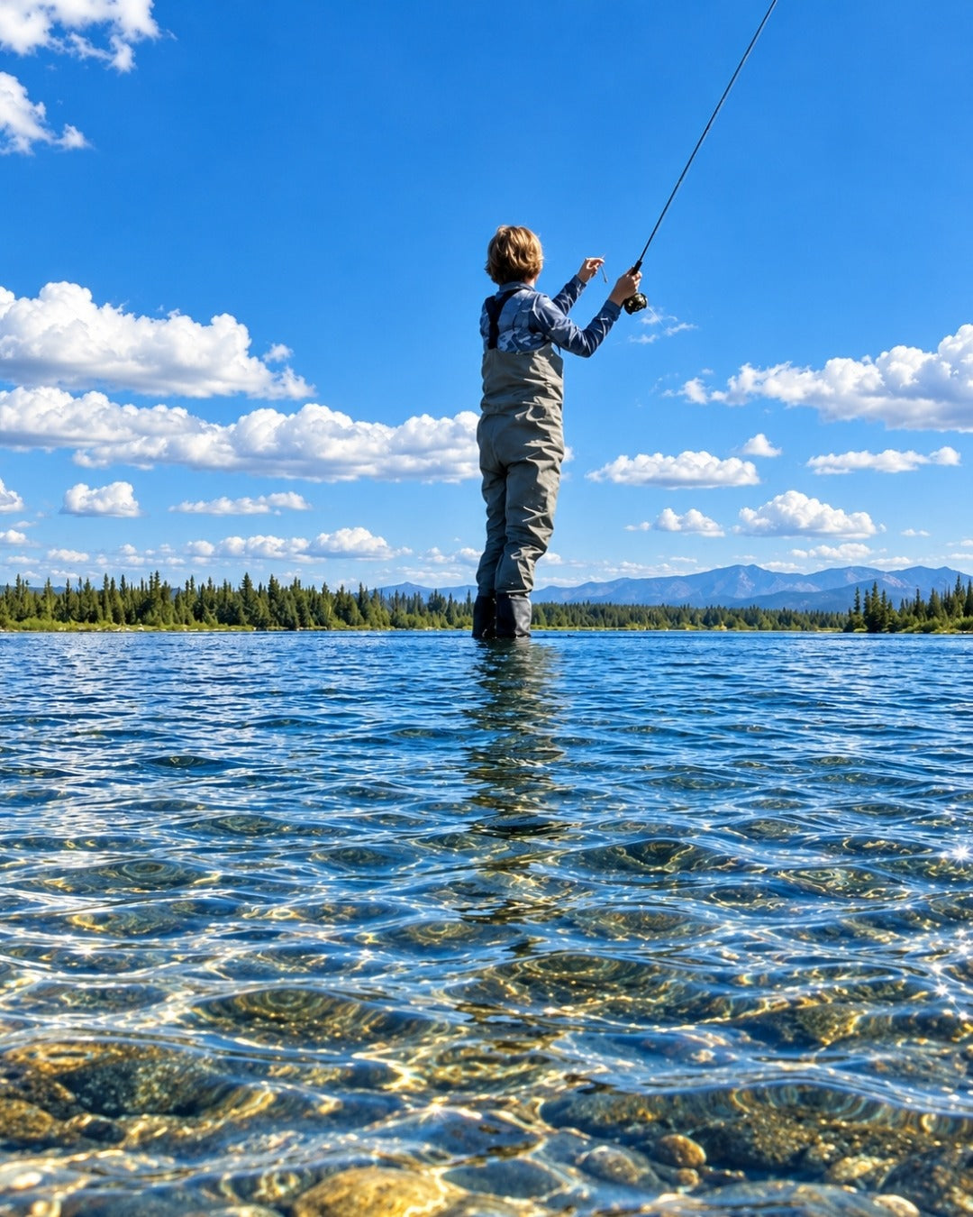 Woman fly fishing in clear shallow water under a vivid blue sky and white clouds