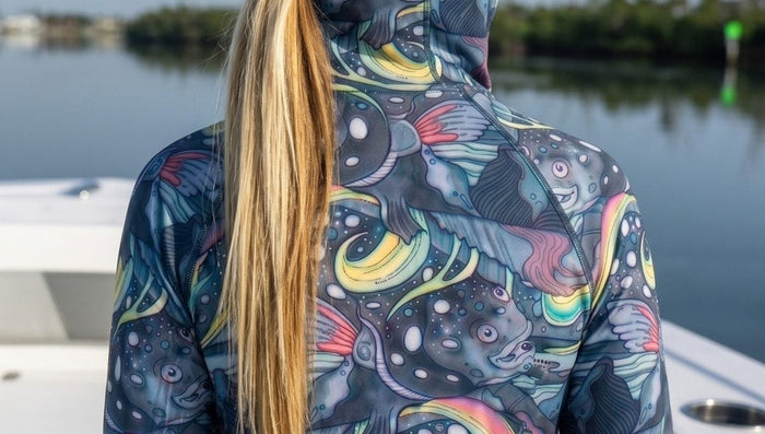 Close-up of the HaliBorealis print on recycled-polyester Solstice sunshirt fabric.
