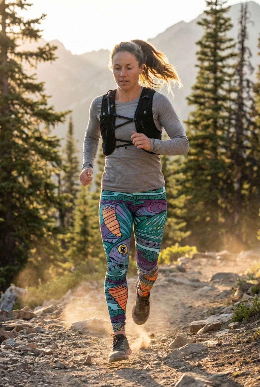 Woman running on a mountain trail with colorful leggings and a backpack.