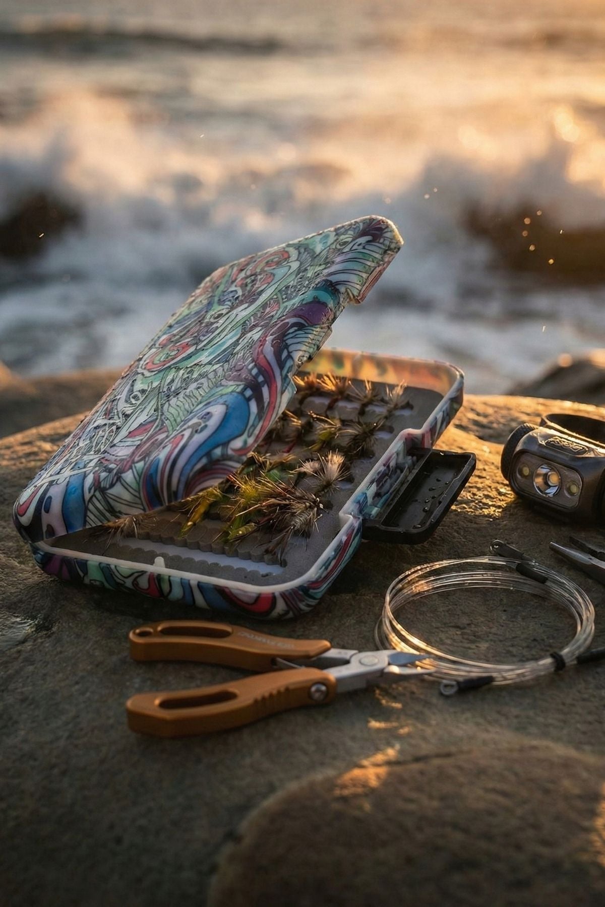 Fishing gear including a box, scissors, and line on a beach with ocean waves in the background