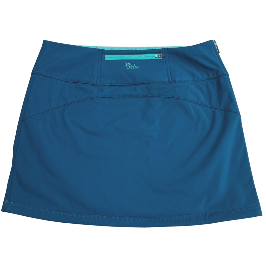 Allagash Soft Shell Skirt in Glacier Blue, back view with stash pocket