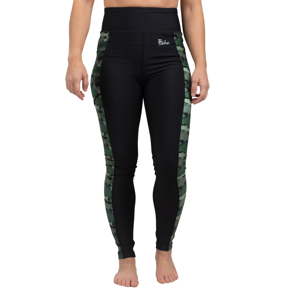 Black Fishe camo pocket leggings with side accent green camo fish panel.