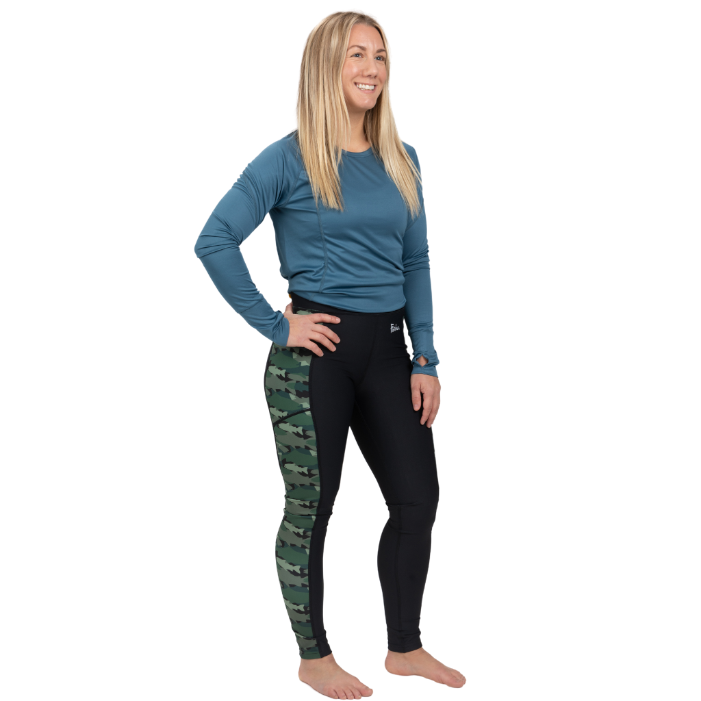 Black Fishe camo pocket leggings with side accent green camo fish panel.