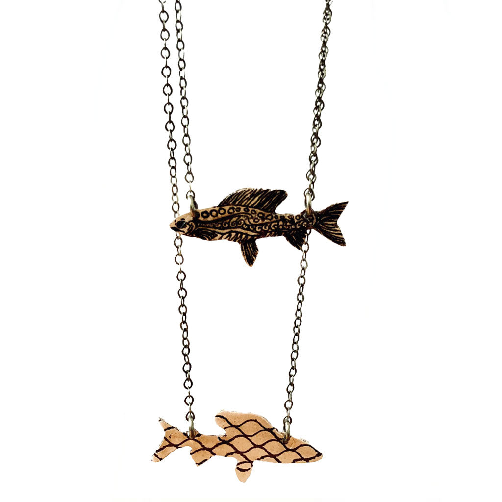 Front and back view of the Groovy Grayling brass pendant necklace